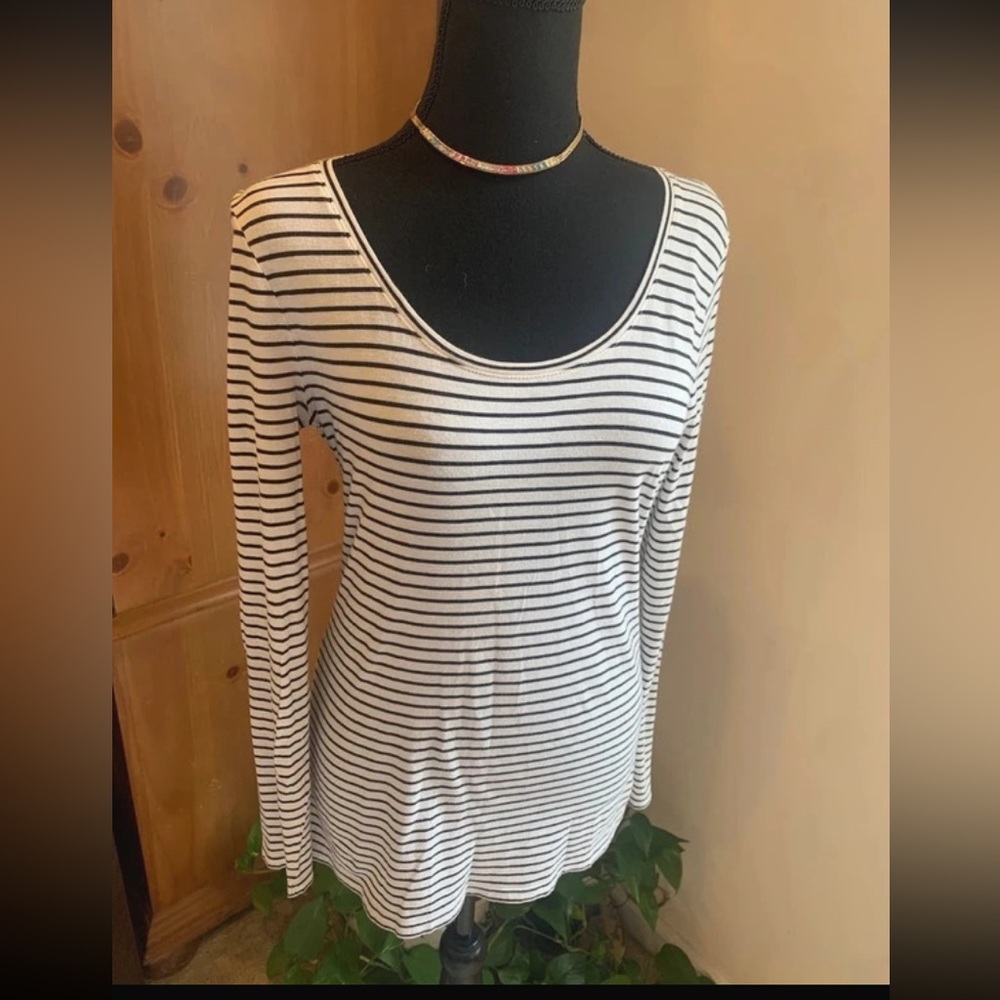 🌹Vintage Anne Taylor• Pima Cotton Black & White Long Sleeve Crew Neck Shirt EUC